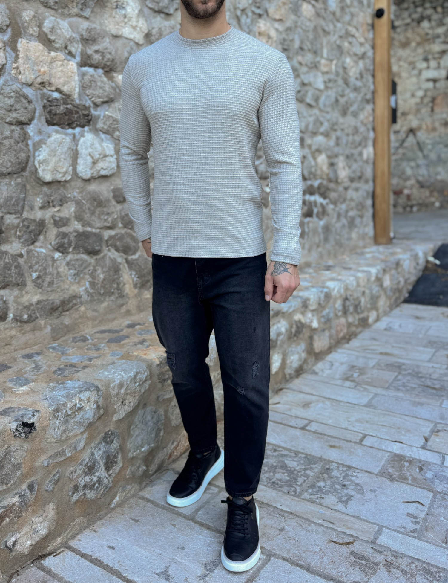 NDC ανδρική μπεζ μακρυμάνικη μπλούζα με ανάγλυφο ύφασμα 261124 φωτογραφία